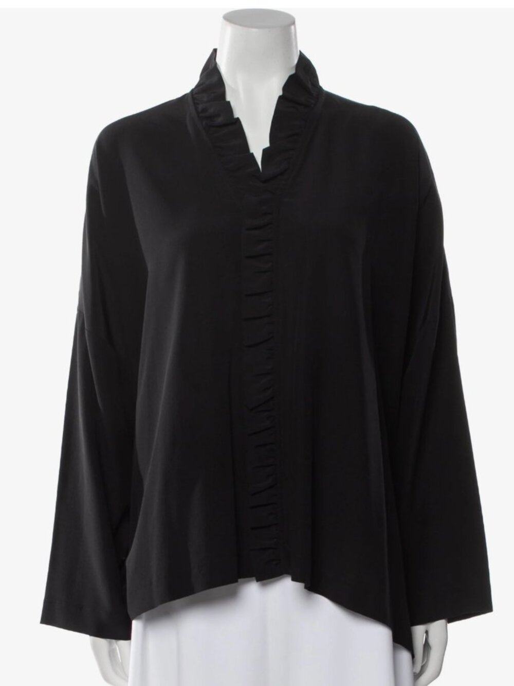 Eskandar 100% Silk Ruffle Placket Blouse | Black | Size 1 | Oversized